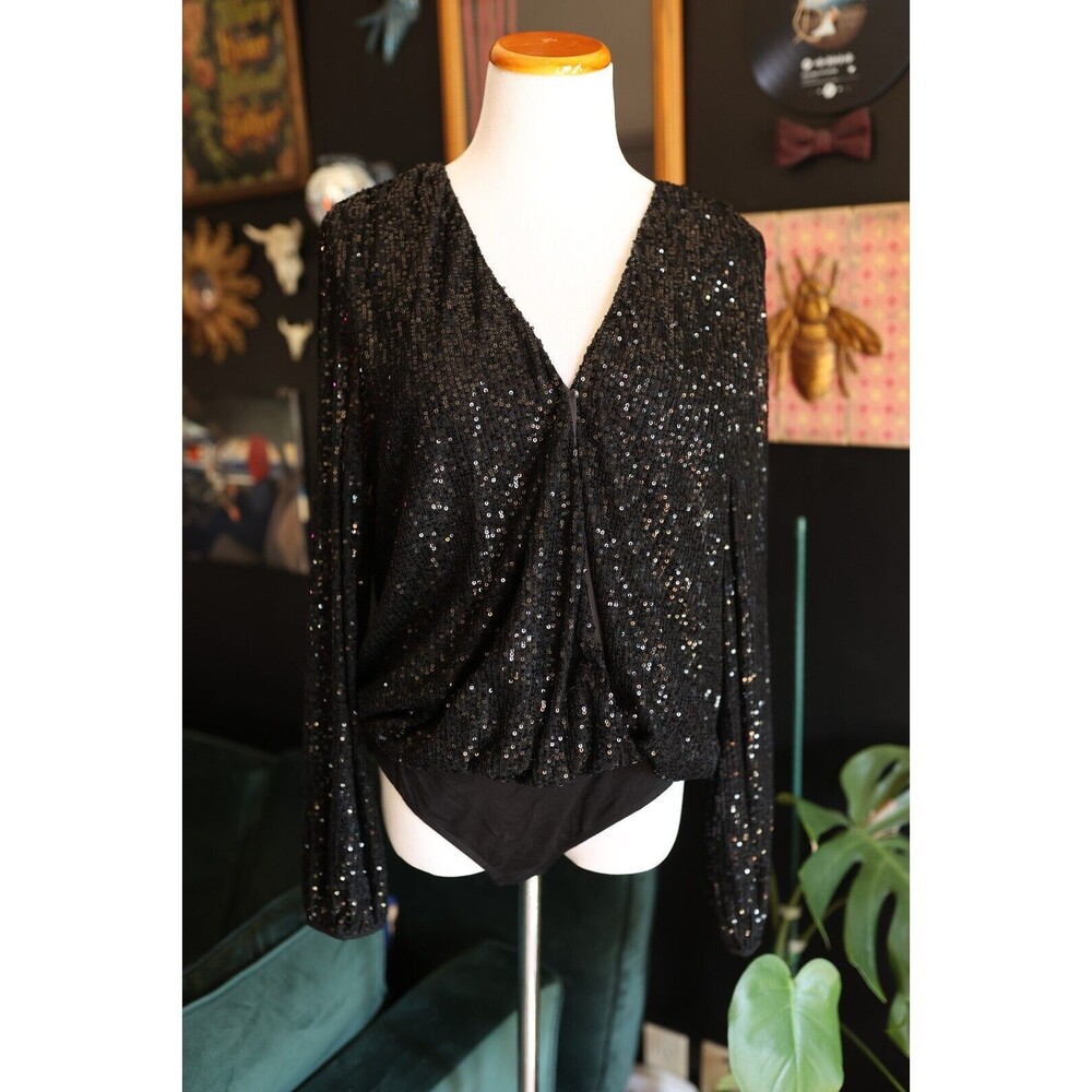 Heatherly Black Sequin Whimsigoth Deep V Neck Bodysuit Long Sheer Sleeve Large